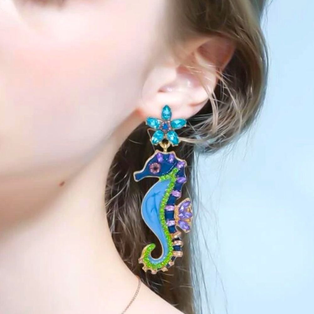 Summer Bohemian Ocean Blue Crystal Rhinestone Seahorse Flower Drop Earrings - Picture 3 of 7